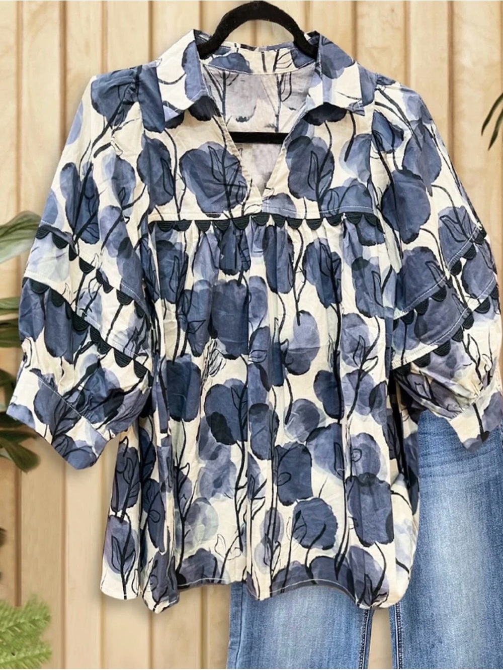 Blue Floral Peasant Blouse - Medium